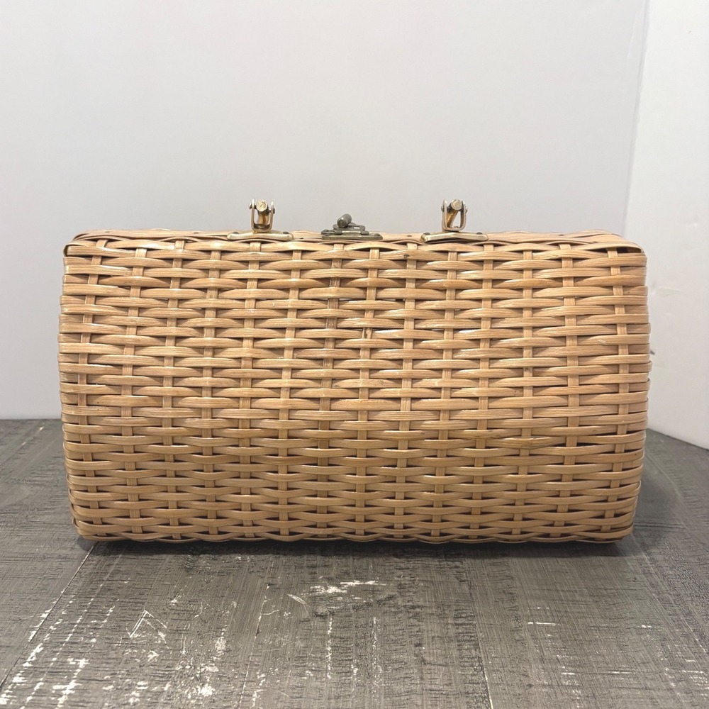 Vintage Wicker Box Purse Basket Handbag Rattan Picnic Style Top Handle